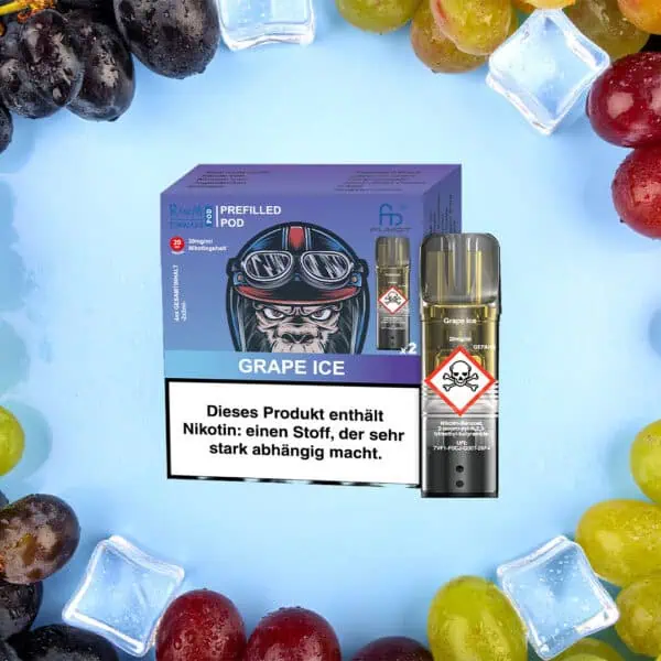 RandM Tornado Pods Grape Ice mit 20 mg/ml Nikotin – stylisches Verpackungsdesign mit Gorilla in Motorradhelm, umgeben von roten, grünen und schwarzen Trauben sowie Eiswürfeln
