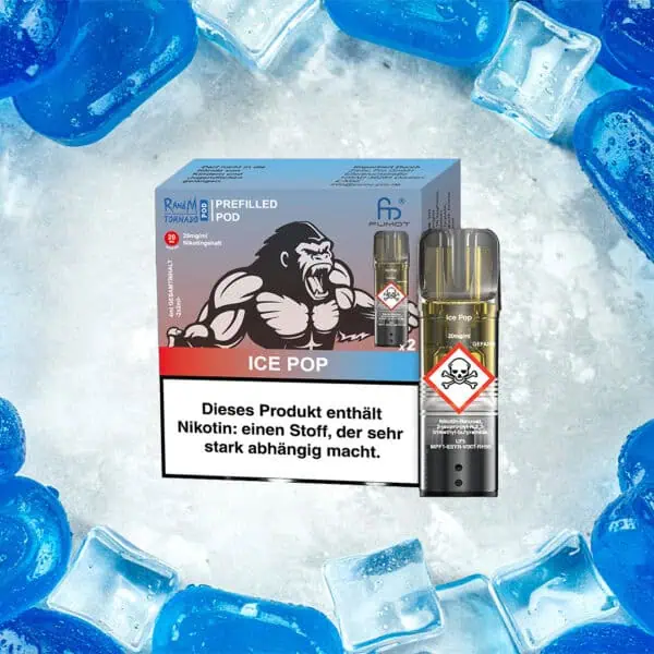 RandM Tornado Pods Ice Pop mit 20 mg/ml Nikotin – auffälliges Design mit muskulösem Gorilla auf blauer Verpackung, umgeben von Eiswürfeln in leuchtendem Blau