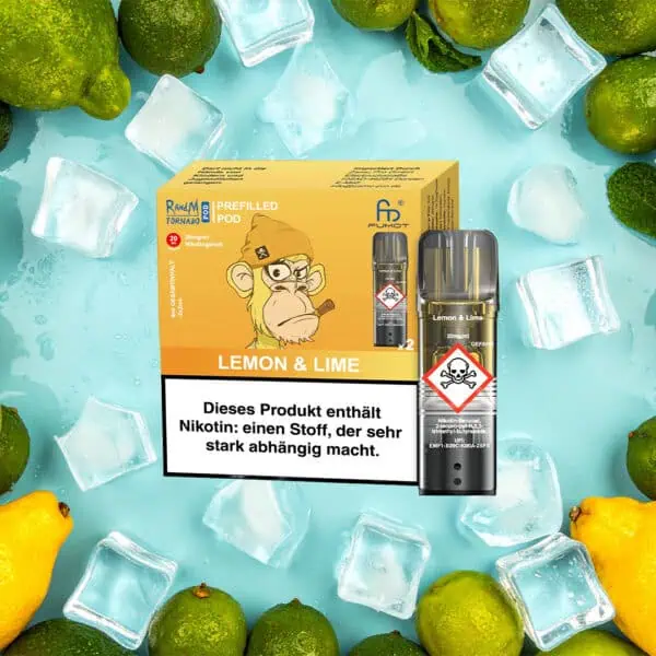 RandM Tornado Pods Lemon & Lime mit 20 mg/ml Nikotin – auffällige gelb-orangene Verpackung mit Comic-Affe und Pod-Abbildung, umgeben von Eiswürfeln, Zitronen und Limetten