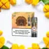 RandM Tornado Pods Mango mit 20 mg/ml Nikotin – gelbe Verpackung mit wildem Affen-Design und Pod-Abbildung, umgeben von frischen Mangostücken und Eiswürfeln