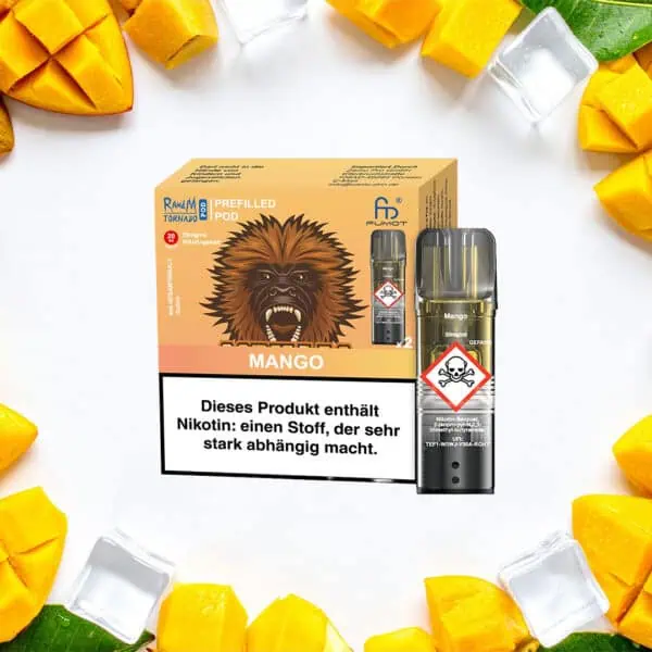 RandM Tornado Pods Mango mit 20 mg/ml Nikotin – gelbe Verpackung mit wildem Affen-Design und Pod-Abbildung, umgeben von frischen Mangostücken und Eiswürfeln