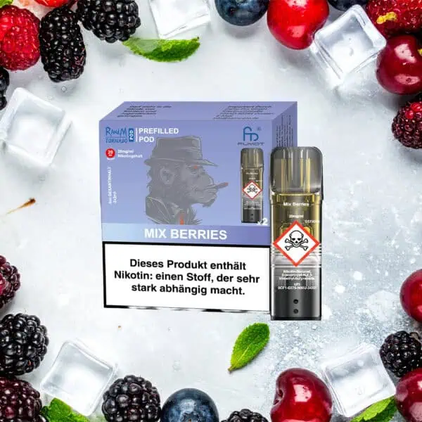 RandM Tornado Pods Mix Berries mit 20 mg/ml Nikotin – lila Verpackung mit Gorilla im Anzug, daneben ein Pod mit Totenkopf-Warnsymbol, umgeben von Brombeeren, Heidelbeeren, Himbeeren und Eiswürfeln
