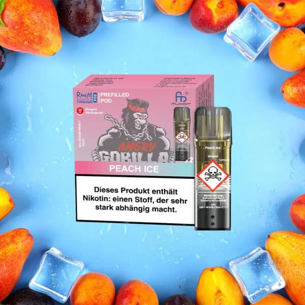 RandM Tornado Pods Peach Ice mit 20 mg/ml Nikotin – rosa Verpackung mit wütendem Gorilla im Stirnband, daneben ein Pod mit Totenkopf-Warnsymbol, umgeben von Eiswürfeln, Pfirsichen und Pflaumen auf blauem Hintergrund