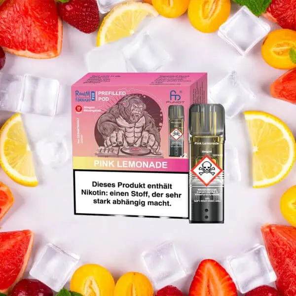 RandM Tornado Pods Pink Lemonade – auffällige rosa Verpackung mit Gorilla-DJ-Motiv, daneben ein Pod mit Totenkopf-Warnsymbol, umgeben von Zitronen, Orangen, Grapefruits, Erdbeeren und Eiswürfeln