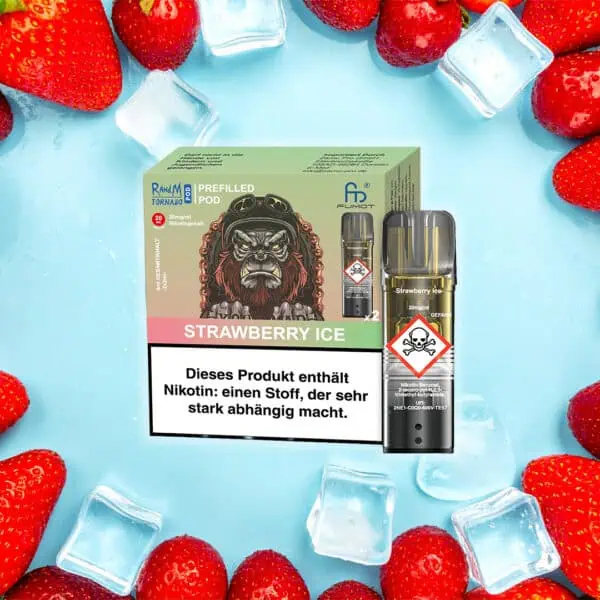 RandM Tornado Pods Strawberry Ice – rote Verpackung mit Gorilla-DJ-Motiv, sichtbarer Pod mit Totenkopf-Warnsymbol, umgeben von frischen Erdbeeren und Eiswürfeln auf hellblauem Hintergrund