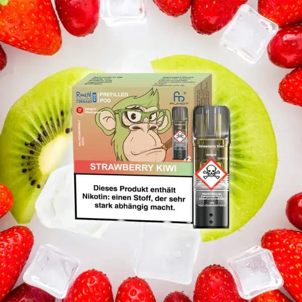 RandM Tornado Pods Strawberry Kiwi – grün-rote Verpackung mit Affen-Comic, sichtbarer Pod mit Totenkopf-Warnsymbol, platziert auf frischen Erdbeeren, Kiwi-Scheiben und Eiswürfeln