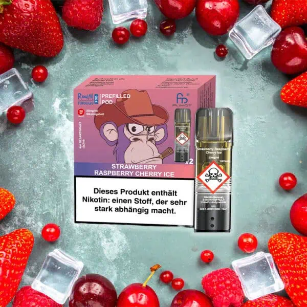 RandM Tornado Pods Strawberry Raspberry Cherry Ice – Verpackung mit Cowboy-Affe, Pod mit Totenkopf-Warnsymbol, dekoriert mit Erdbeeren, Himbeeren, Kirschen und Eiswürfeln auf frostigem Hintergrund