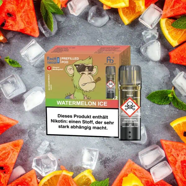 RandM Tornado Pods Watermelon Ice mit auffälliger Verpackung im Cartoon-Stil und einem grünen Affen mit Zigarre – daneben ein Pod mit Totenkopf-Warnsymbol, umgeben von Wassermelonenstücken, Eiswürfeln, Zitrusfrüchten und Minzblättern