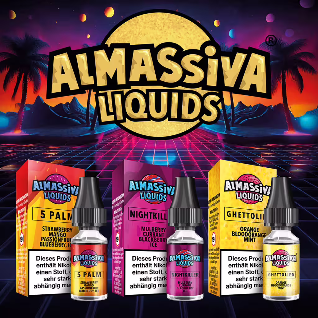 Al Massiva Liquids – Auswahl verschiedener nikotinhaltiger E-Liquids in bunten Verpackungen, sortiert nach Geschmacksrichtungen, für elfbar-vapes.eu