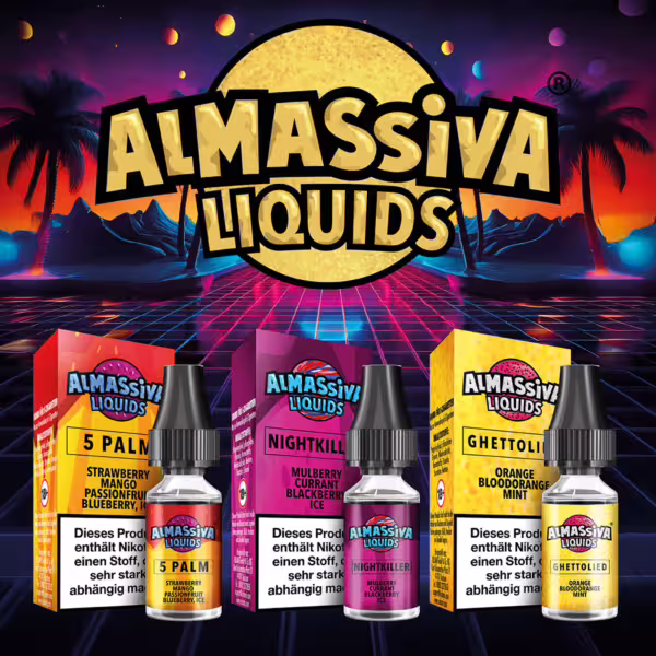 Al Massiva Liquids – Auswahl verschiedener nikotinhaltiger E-Liquids in bunten Verpackungen, sortiert nach Geschmacksrichtungen, für elfbar-vapes.eu