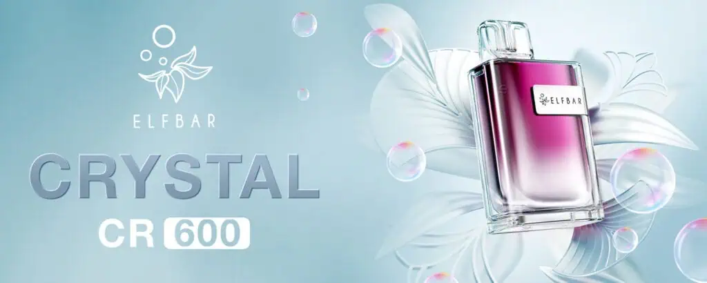 Produktabbildung der Elfbar Crystal 600 Einweg E-Zigarette in elegantem Design mit stylischem Glasgehäuse und schwebenden Blasen im Hintergrund