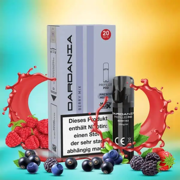Dardania Pod Berry Mix vor farbigem Hintergrund – Verpackung mit 20 mg/ml Nikotinangabe, Pod-Kartusche daneben, umgeben von Fruchtmix aus Himbeeren, Heidelbeeren, Brombeeren und Erdbeeren, Spritzer-Effekt in Rot betont das Beerenaroma