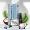 Dardania Pod Blueberry Coco mit 20 mg/ml Nikotin – Verpackung und Pod vor exotischer Kulisse mit Kokosnüssen, Blaubeeren und Palmenblatt