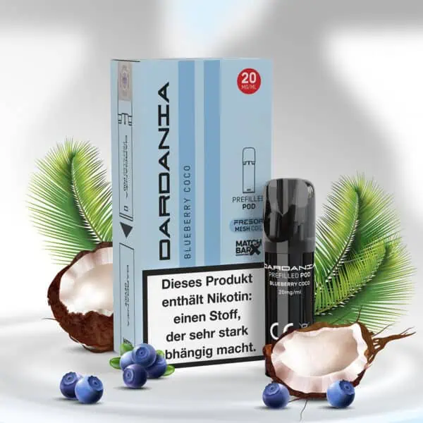 Dardania Pod Blueberry Coco mit 20 mg/ml Nikotin – Verpackung und Pod vor exotischer Kulisse mit Kokosnüssen, Blaubeeren und Palmenblatt