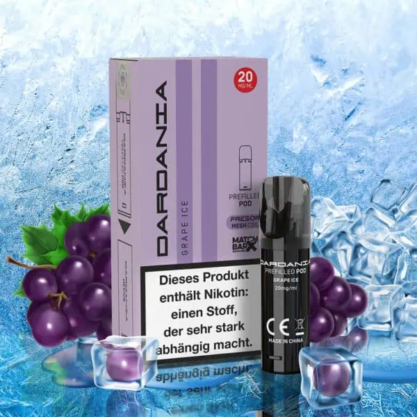 Dardania Pod Grape Ice mit 20 mg/ml Nikotin – Verpackung und Pod mit Trauben, Eiswürfeln und frostigem Hintergrund