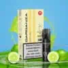 Dardania Pod Juicy Lime mit 20 mg/ml Nikotin – Verpackung und Pod vor einem spritzigen Limetten-Hintergrund mit frischen Limetten und grünem Splash