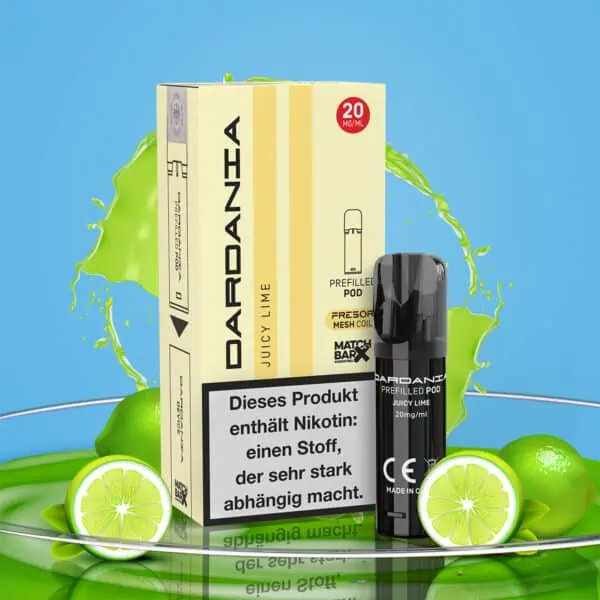Dardania Pod Juicy Lime mit 20 mg/ml Nikotin – Verpackung und Pod vor einem spritzigen Limetten-Hintergrund mit frischen Limetten und grünem Splash