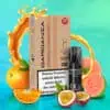 Dardania Pod Passionfruit Orange Guava mit 20 mg/ml Nikotin – Verpackung und Pod vor tropischem Hintergrund mit Passionsfrucht, Orange und Guave sowie saftigem Splash-Effekt