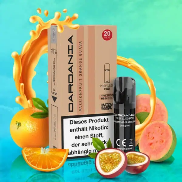 Dardania Pod Passionfruit Orange Guava mit 20 mg/ml Nikotin – Verpackung und Pod vor tropischem Hintergrund mit Passionsfrucht, Orange und Guave sowie saftigem Splash-Effekt