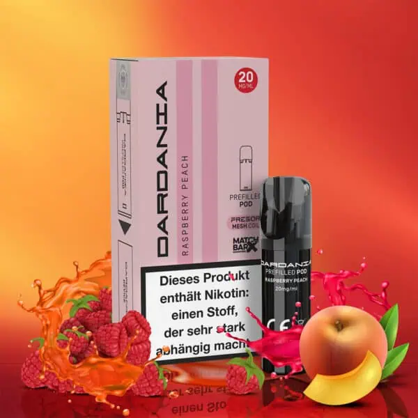 Dardania Pod Raspberry Peach mit 20 mg/ml Nikotin – Produktfoto mit Verpackung und Pod vor rotem Hintergrund, umgeben von saftigen Himbeeren und Pfirsichen mit Splash-Effekt