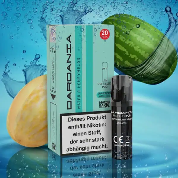 Dardania Pod Water & Honeymelon mit 20 mg/ml Nikotin – Produktfoto mit Verpackung und Pod vor spritzigem Wasser-Hintergrund, ergänzt durch eine Honigmelone und eine Wassermelone als Geschmackssymbole