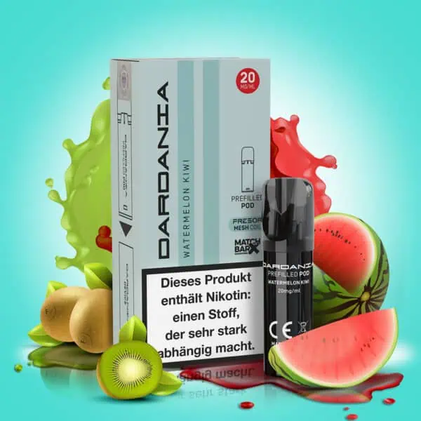 Dardania Pod Watermelon Kiwi mit 20 mg/ml Nikotin – Verpackung und Pod im Vordergrund, begleitet von Kiwi- und Wassermelonen-Illustrationen sowie farbigen Splash-Effekten