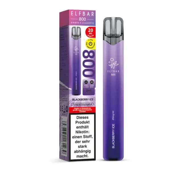 ELFBAR 800 Blackberry Ice Einweg E-Zigarette mit Verpackung – 20 mg Nikotingehalt, 800 Züge, violette Farbgebung, mit Warnhinweis und Produktdetails sichtbar.
