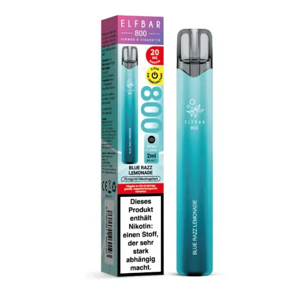 ELFBAR 800 Blue Razz Lemonade Einweg E-Zigarette mit Verpackung – türkisfarbenes Design, 20 mg Nikotin, 2 ml E-Liquid, deutlich sichtbarer Warnhinweis und Produktspezifikationen auf der Box