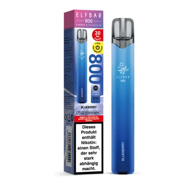 ELFBAR 800 Blueberry Einweg E-Zigarette mit Verpackung – tiefblaues Design, 20 mg Nikotin, 2 ml E-Liquid, mit Produkthinweisen und Warntext auf der Umverpackung