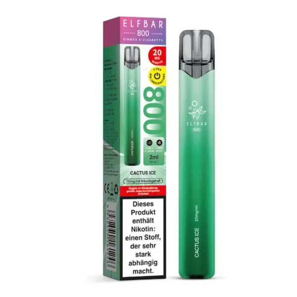 ELFBAR 800 Cactus Ice Einweg E-Zigarette mit Verpackung – stylisches grünes Design, 2 ml E-Liquid, 20 mg Nikotin, mit gut sichtbarem Warnhinweis und Produktspezifikationen auf der Verpackung