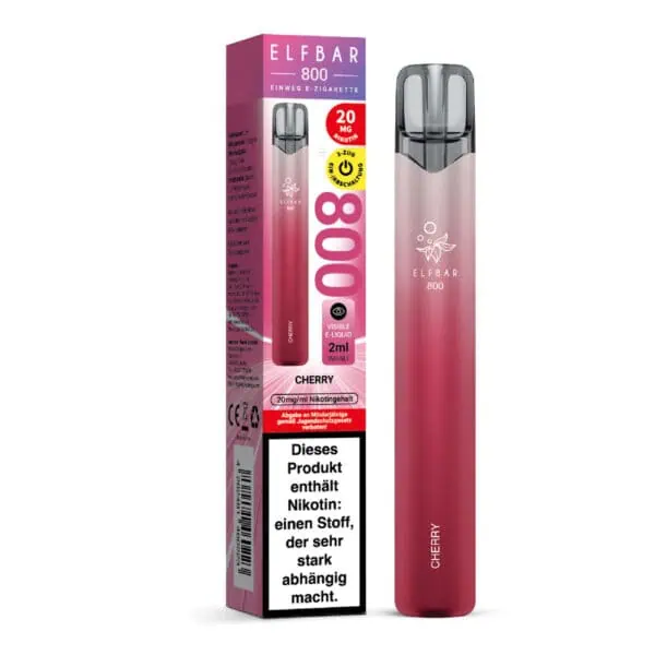 ELFBAR 800 Cherry Einweg E-Zigarette mit Verpackung – rotes Design, 2 ml E-Liquid mit Kirschgeschmack, 20 mg Nikotin, deutlich sichtbarer Warnhinweis auf der Verpackung