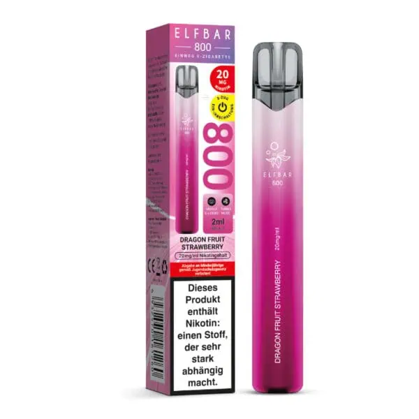 ELFBAR 800 Dragon Fruit Strawberry Einweg E-Zigarette mit Verpackung – pinkes Design, 2 ml E-Liquid mit Drachenfrucht-Erdbeer-Aroma, 20 mg Nikotin, deutlich sichtbarer Warnhinweis auf der Verpackung