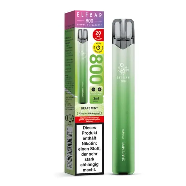 ELFBAR 800 Grape Mint Einweg E-Zigarette mit Verpackung – grünfarbene Optik, 2 ml E-Liquid mit Traube-Minz-Aroma, 20 mg Nikotin, Warnhinweis deutlich sichtbar auf der Verpackung