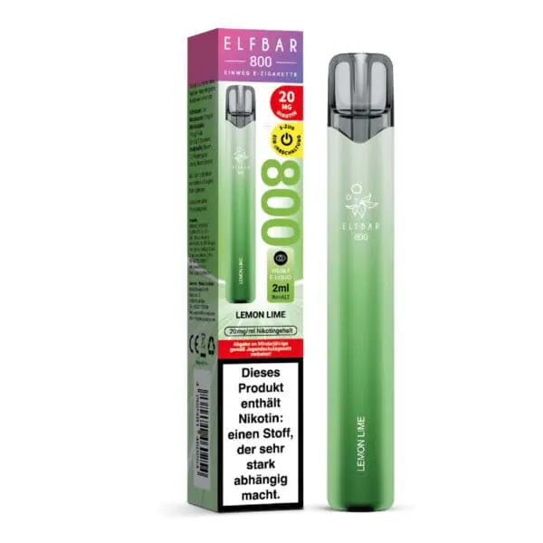 ELFBAR 800 Lemon Lime Einweg E-Zigarette mit Verpackung – grünliches Gehäuse, 2 ml E-Liquid mit Zitronen-Limetten-Aroma, 20 mg Nikotin, Warnhinweis gut sichtbar auf der Verpackung