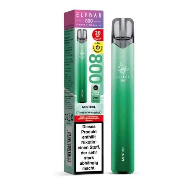 ELFBAR 800 Menthol Einweg E-Zigarette mit Verpackung – sattgrünes Design, 2 ml E-Liquid mit kühlem Mentholgeschmack, 20 mg Nikotin, deutlich sichtbarer Warnhinweis auf der Verpackung