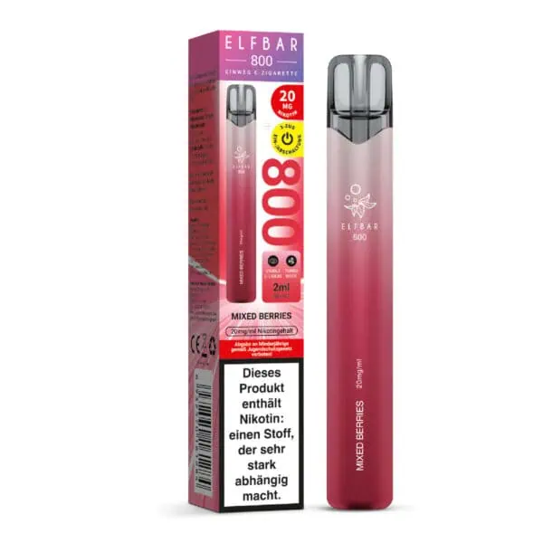 ELFBAR 800 Mixed Berries Einweg E-Zigarette mit Verpackung – rötlich-pinkes Design, 2 ml E-Liquid mit Beerenmix-Aroma, 20 mg Nikotin, Warnhinweis klar erkennbar auf der Verpackung