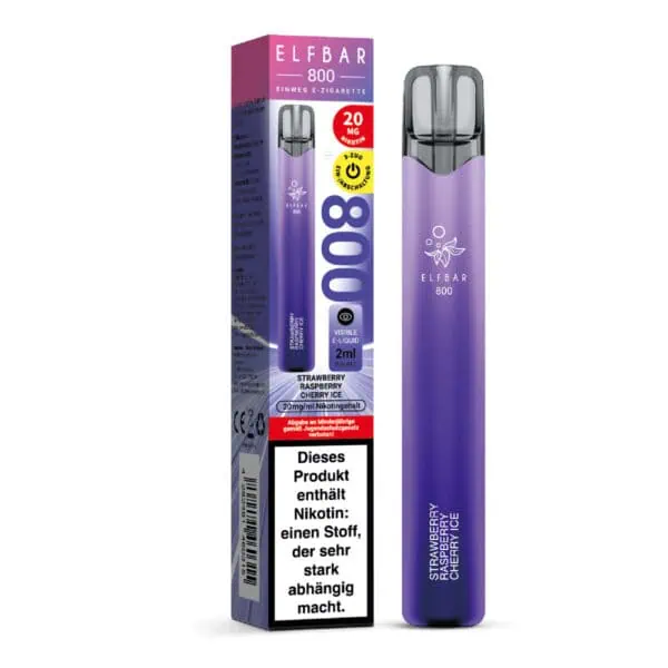 ELFBAR 800 Strawberry Raspberry Cherry Ice Einweg E-Zigarette mit Verpackung – lila Gehäuse, 2 ml E-Liquid mit fruchtig-kühler Geschmacksnote, 20 mg Nikotin, Warnhinweis deutlich sichtbar auf der Verpackung