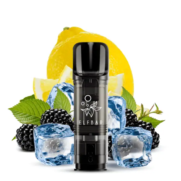 ELFA Pods Blackberry Lemon 20 mg/ml – Detailansicht der schwarzen Pod-Kartusche vor Zitronen, Brombeeren und Eiswürfeln, passend zur fruchtig-frischen Geschmacksrichtung.