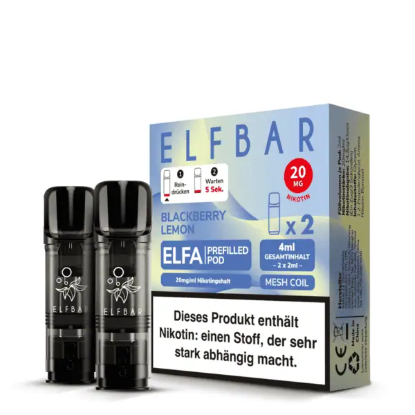 ELFA Pods Blackberry Lemon 20 mg/ml – Produktverpackung mit zwei vorgefüllten Pods und Warnhinweis, Nikotingehalt 20 mg/ml.