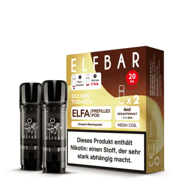 Verpackung der Elfbar Elfa Golden Tobacco Pods mit zwei 2ml Nikotin-Pods à 20mg/ml, inklusive Warnhinweis und Mesh Coil Information