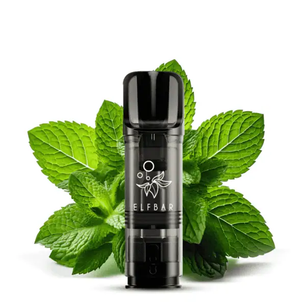 Elfa Pods Menthol von Elfbar – Nahaufnahme eines schwarzen Pods vor frischen Minzblättern, ideal zur Darstellung des kühlenden Mentholgeschmacks.