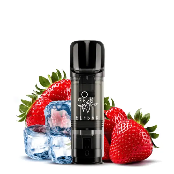 ELFBAR ELFA Strawberry Ice Pod mit frischen Erdbeeren und Eiswürfeln im Hintergrund – perfekte Darstellung des Geschmacksprofils