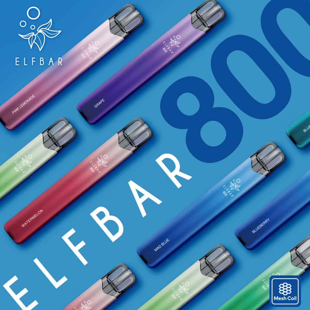 ELFBAR 800 Einweg E-Zigaretten im diagonalen Flatlay auf blauem Hintergrund – verschiedene Sorten wie Grape, Mad Blue, Watermelon und Pink Lemonade mit Mesh Coil, modern und farbenfroh inszeniert