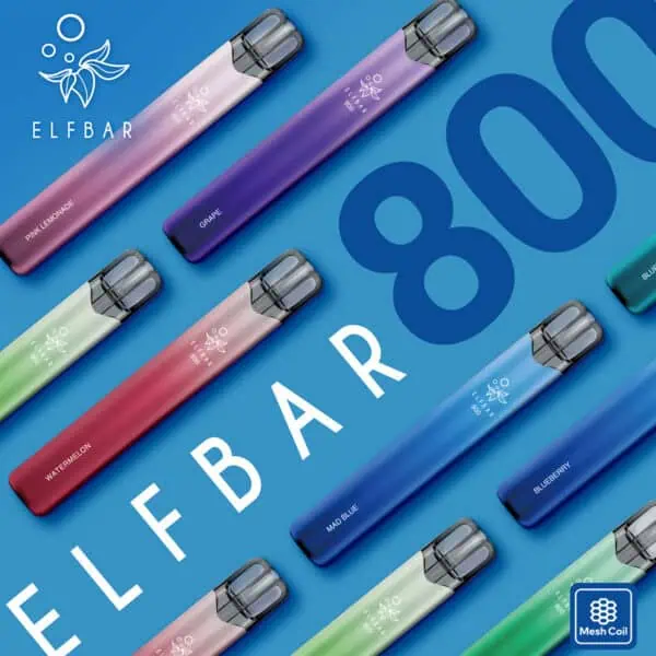 ELFBAR 800 Einweg E-Zigaretten im diagonalen Flatlay auf blauem Hintergrund – verschiedene Sorten wie Grape, Mad Blue, Watermelon und Pink Lemonade mit Mesh Coil, modern und farbenfroh inszeniert