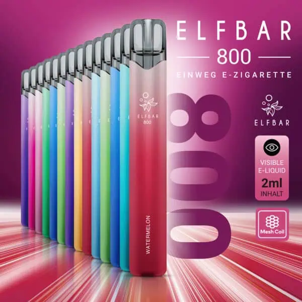 ELFBAR 800 Einweg E-Zigarette im Produktbanner – farbenfrohe Auswahl an Geschmacksrichtungen mit 2 ml E-Liquid, Mesh Coil und sichtbarem Liquidfenster, sortiert in Reihe auf pinkem Hintergrund.