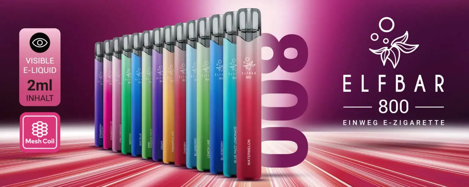 ELFBAR 800 Einweg E-Zigarette im Panorama-Banner – breite Auswahl an farbigen Geräten mit sichtbarem E-Liquid und Mesh Coil Technologie, 2 ml Inhalt, sortiert nebeneinander vor pink-violettem Hintergrund