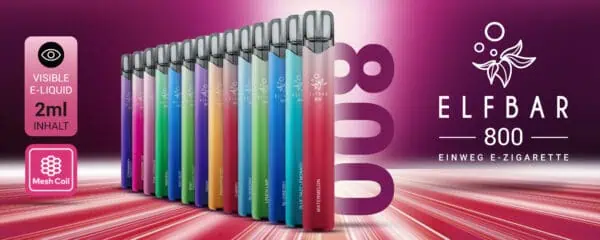 Elfbar 800 Bundle Einweg E-Zigarette im Panorama-Banner – breite Auswahl an farbigen Geräten mit sichtbarem E-Liquid und Mesh Coil Technologie, 2 ml Inhalt, sortiert nebeneinander vor pink-violettem Hintergrund