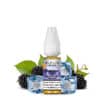 ELFLIQ Blackberry Ice Nikotinsalz Liquid mit 10 mg/ml Nikotingehalt – E-Liquid-Flasche vor Brombeeren, grünen Blättern und Eiswürfeln auf weißem Hintergrund