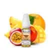 ELFLIQ Tropical Fruit Nikotinsalz Liquid mit 10 mg/ml Nikotingehalt – E-Liquid-Flasche vor einer Auswahl tropischer Früchte wie Ananas, Mango, Maracuja, Orange und Pfirsich auf weißem Hintergrund