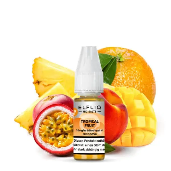 ELFLIQ Tropical Fruit Nikotinsalz Liquid mit 10 mg/ml Nikotingehalt – E-Liquid-Flasche vor einer Auswahl tropischer Früchte wie Ananas, Mango, Maracuja, Orange und Pfirsich auf weißem Hintergrund
